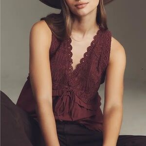 By Anthropologie Crochet Babydoll Tank Top in Cherrywood